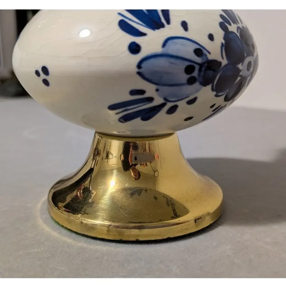 Vintage Blue Floral Delftware Brass Porcelain Pitcher Vase Holland Model # 2285